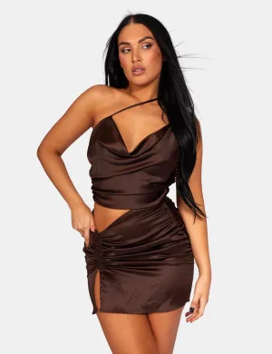 Ruched Side Strappy Waist Satin Dress Dark Chocolate