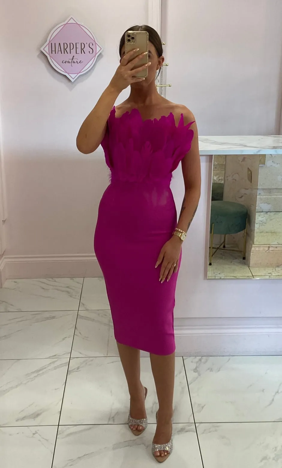 Sareza Pink Feather Premium Bandage Dress