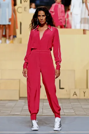 Silk Jumpsuit with Hand-bound Pleated Sleeves