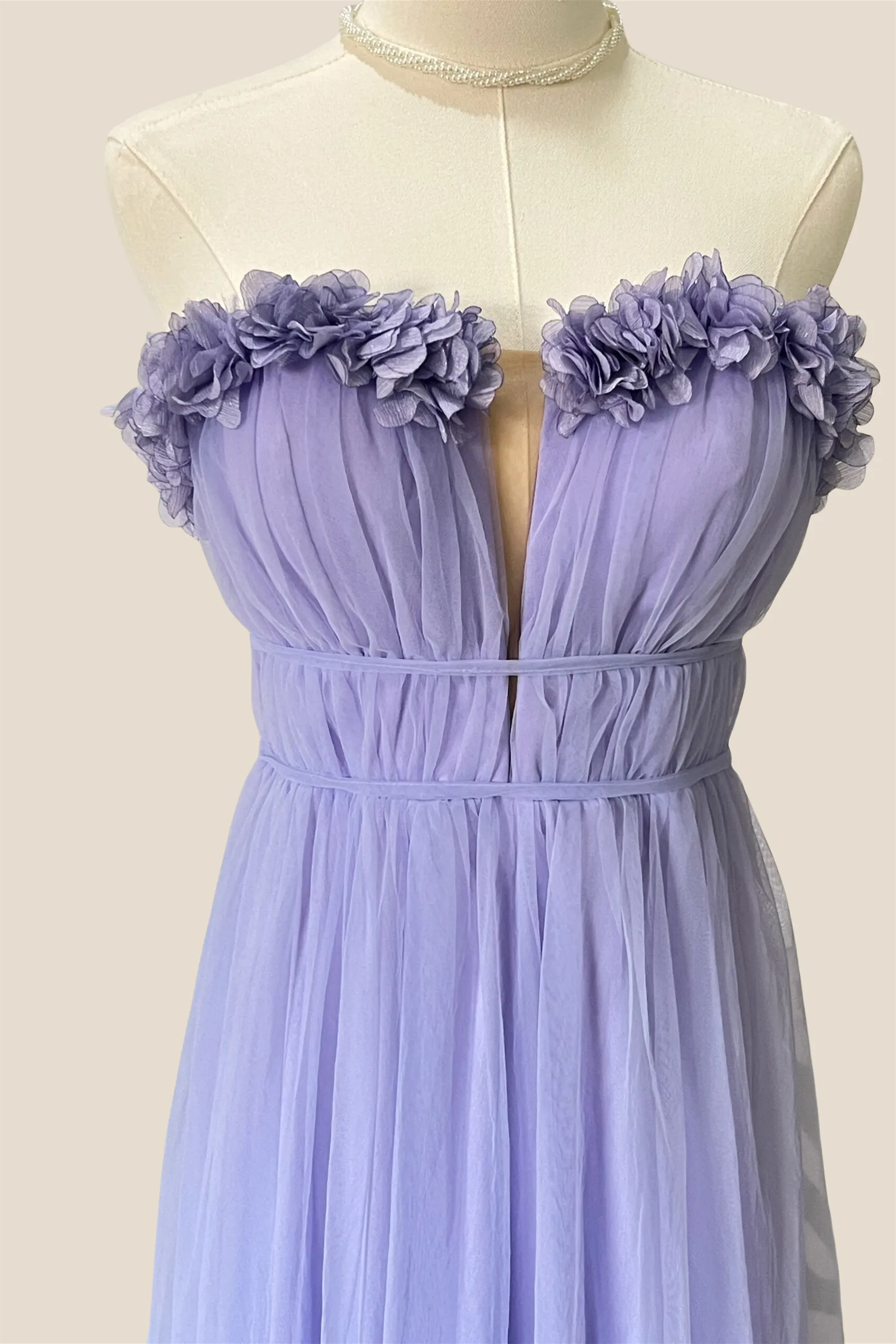 Strapless Lilac 3D Folral Tulle Long Dress