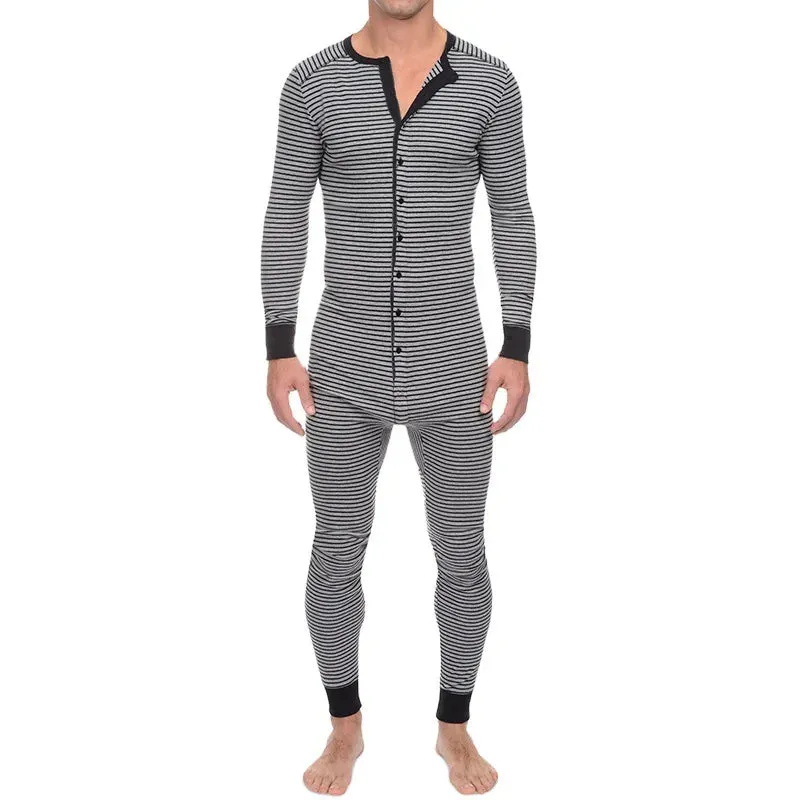 Striped One-piece Pajamas European and American Men's Tight Jumpsuit Long-sleeved 2024 Cross-border New Home Wear