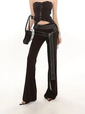 Studded Strap Flared Black Stretch Pants