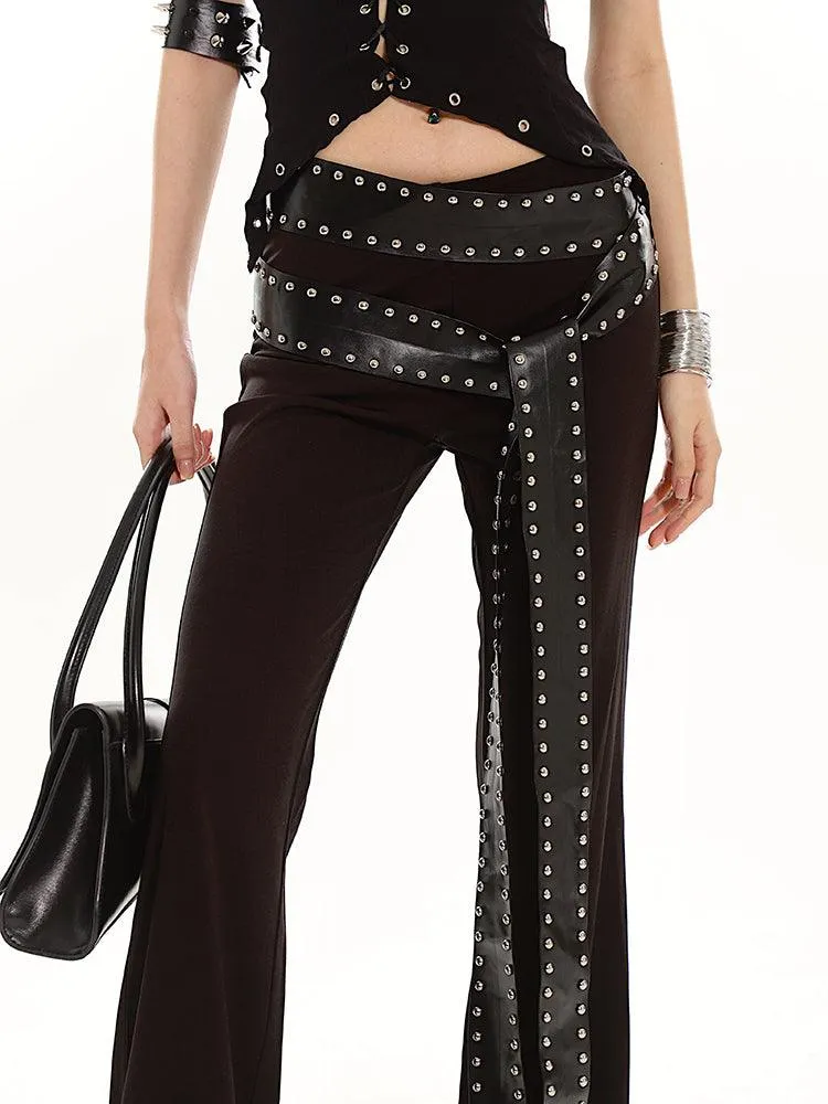 Studded Strap Flared Black Stretch Pants