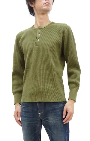 Studio D'artisan Waffle-Knit Thermal Henley T-Shirt Men's Casual Long Sleeve Plain 3-Button Placket Heavyweight Thermal Tee 9937 Khaki