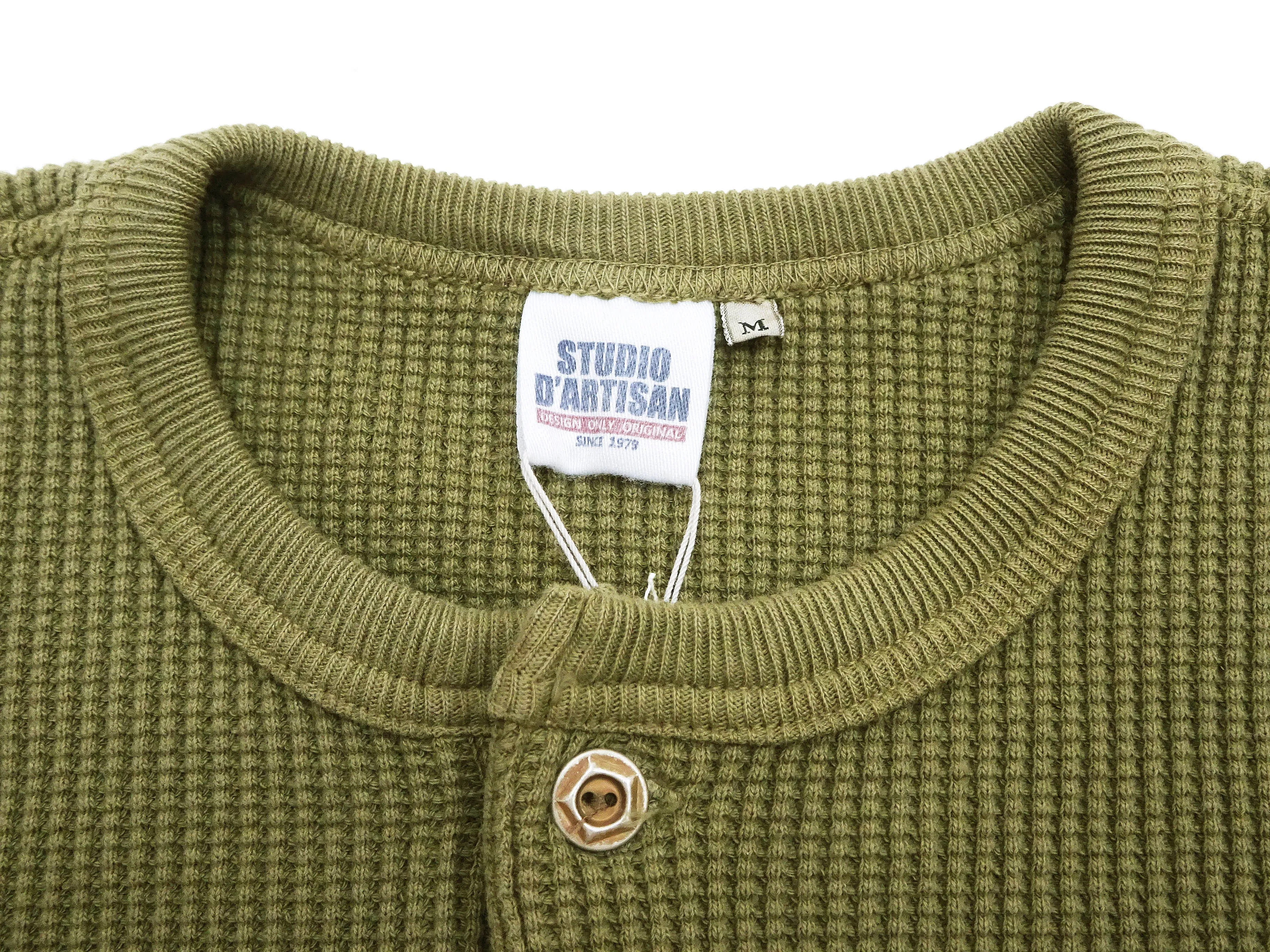 Studio D'artisan Waffle-Knit Thermal Henley T-Shirt Men's Casual Long Sleeve Plain 3-Button Placket Heavyweight Thermal Tee 9937 Khaki