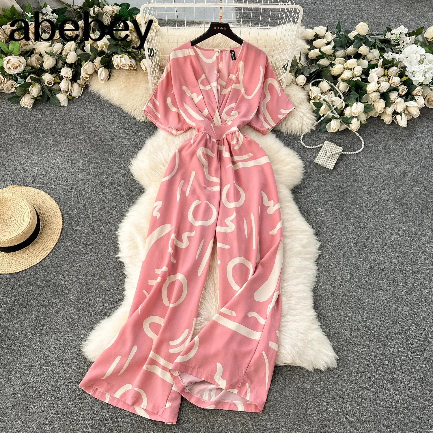 Summer Casual Women Printed Wide Leg Jumpsuit Female V-Neck Short Puff Sleeve High Waist Draped Loose Romper New Fashion