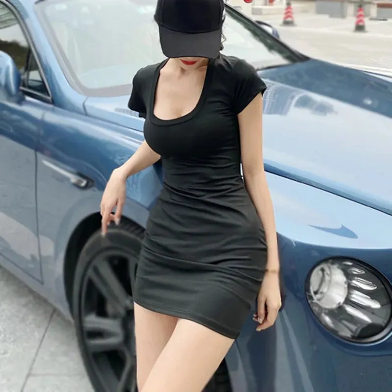 Summer Women Short Sleeve Dresses Ladies Solid Color U-Neck Bodycon Stretch Slim Mini Dress