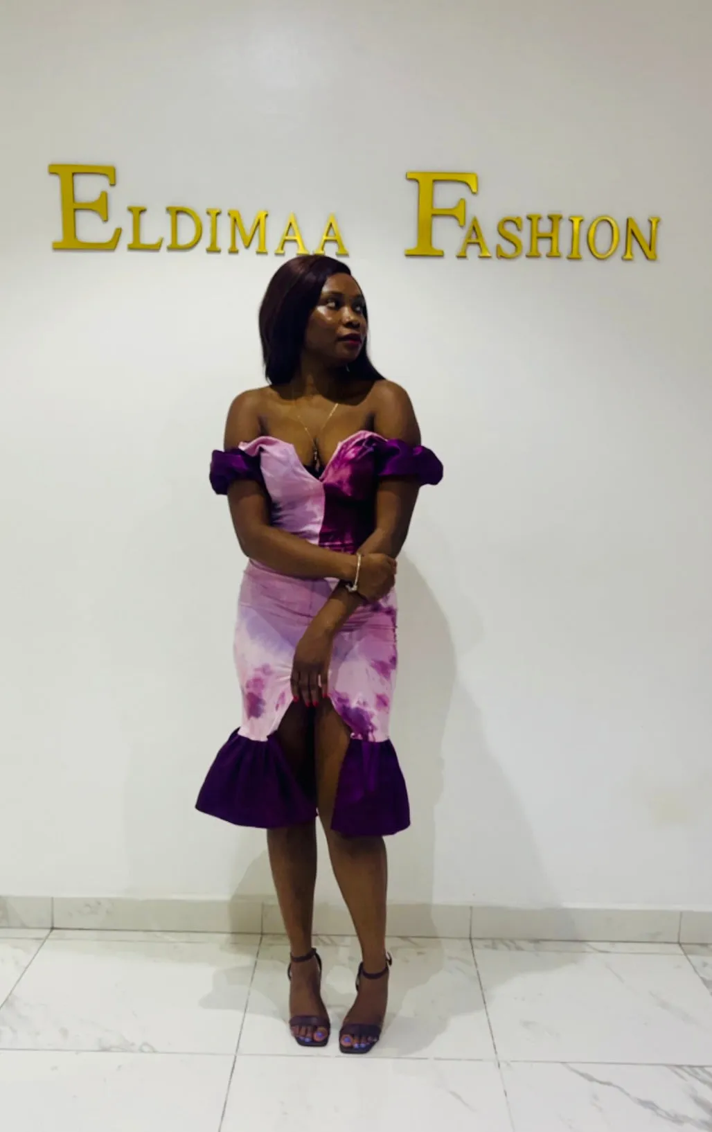 The Ewa Adire Tie Dye Lycra Bodycon Midi Dress in Violet Purple by Eldimaa Fashion