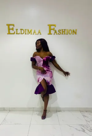 The Ewa Adire Tie Dye Lycra Bodycon Midi Dress in Violet Purple by Eldimaa Fashion