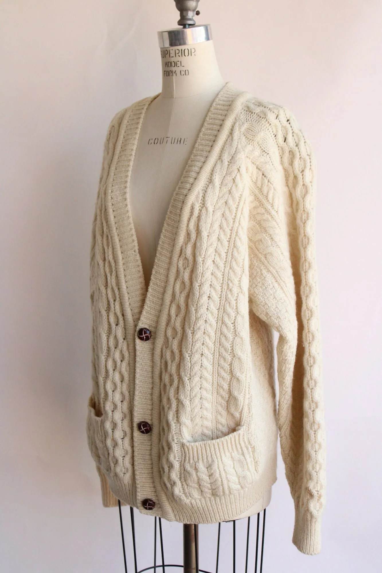 Vintage 1980s 1990s Mens Carraig Donn Aran Wool Ivory Cable Knit Cardigan with Pockets, Unisex