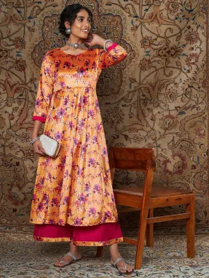 Women Orange Floral Velvet Kurta With Palazzo Pants