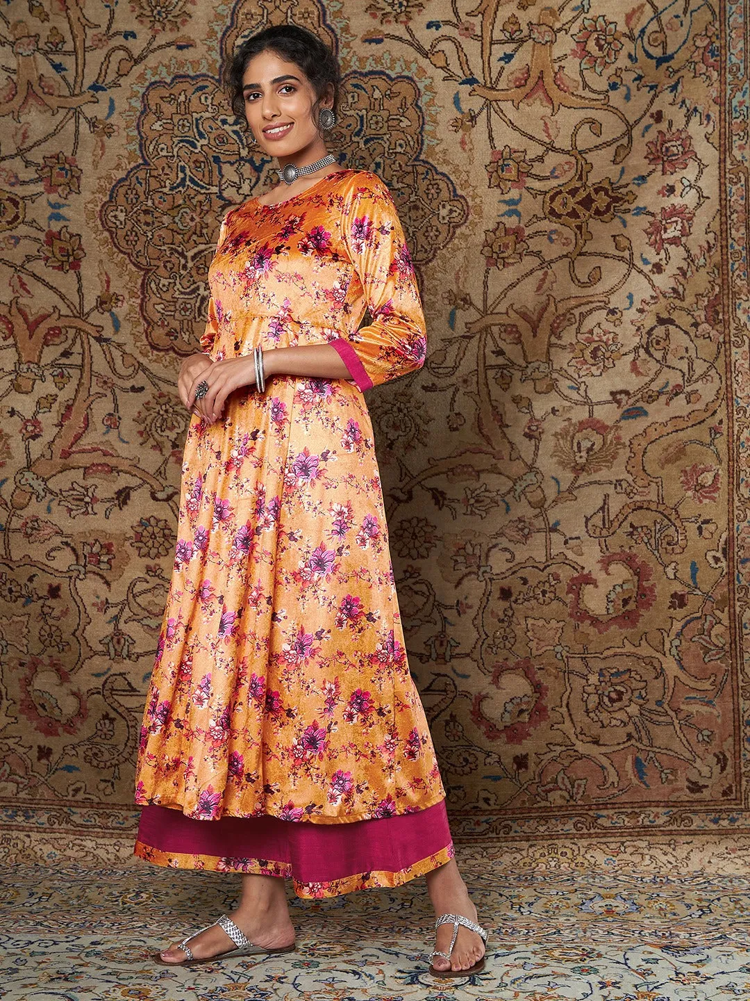 Women Orange Floral Velvet Kurta With Palazzo Pants