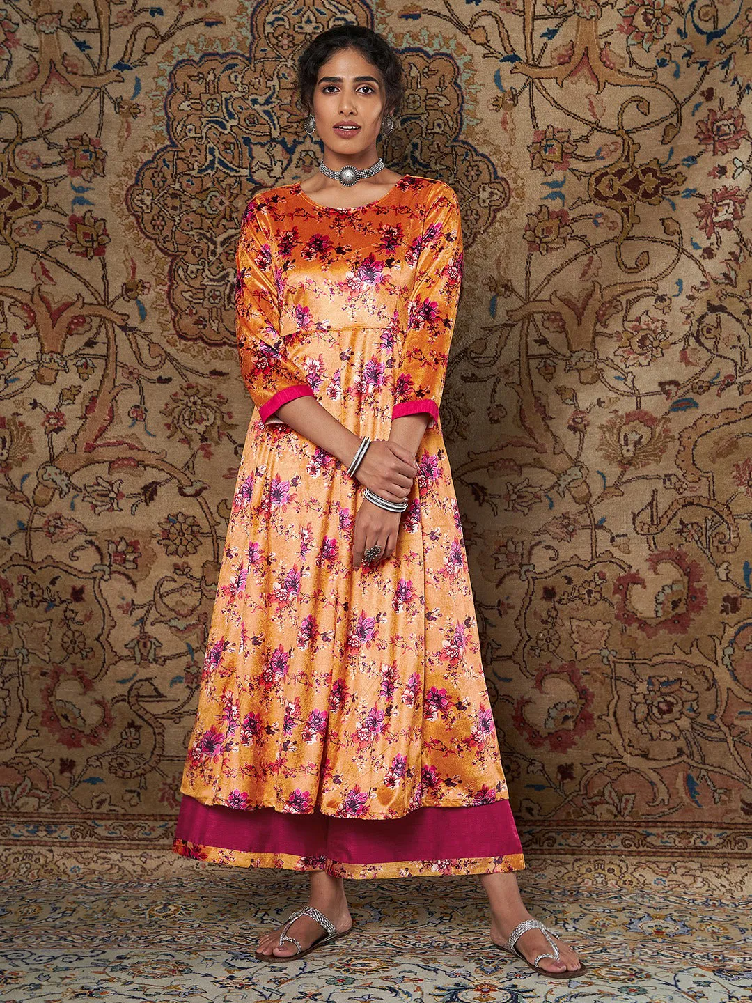 Women Orange Floral Velvet Kurta With Palazzo Pants