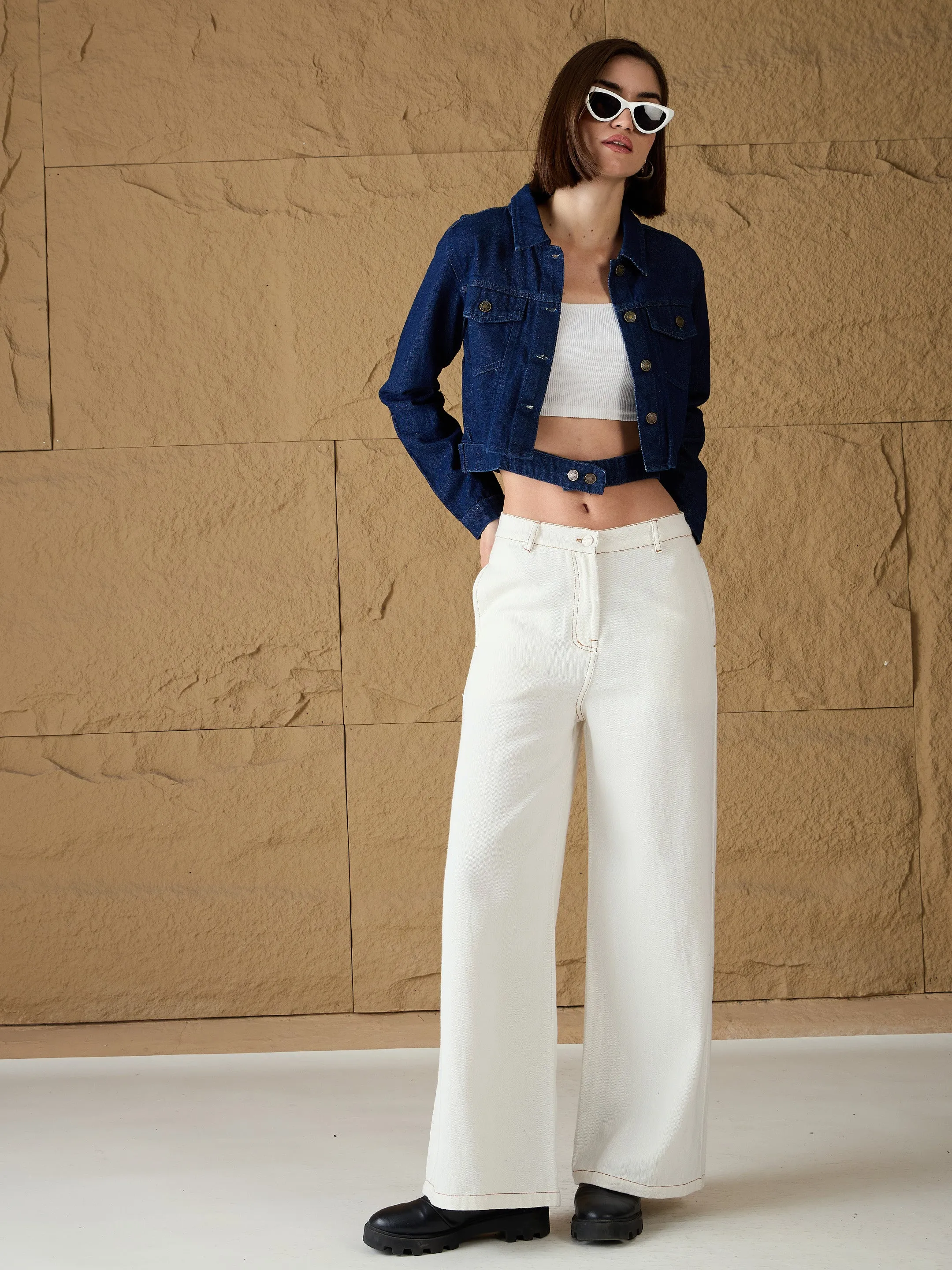 Women White Denim Flared Pants