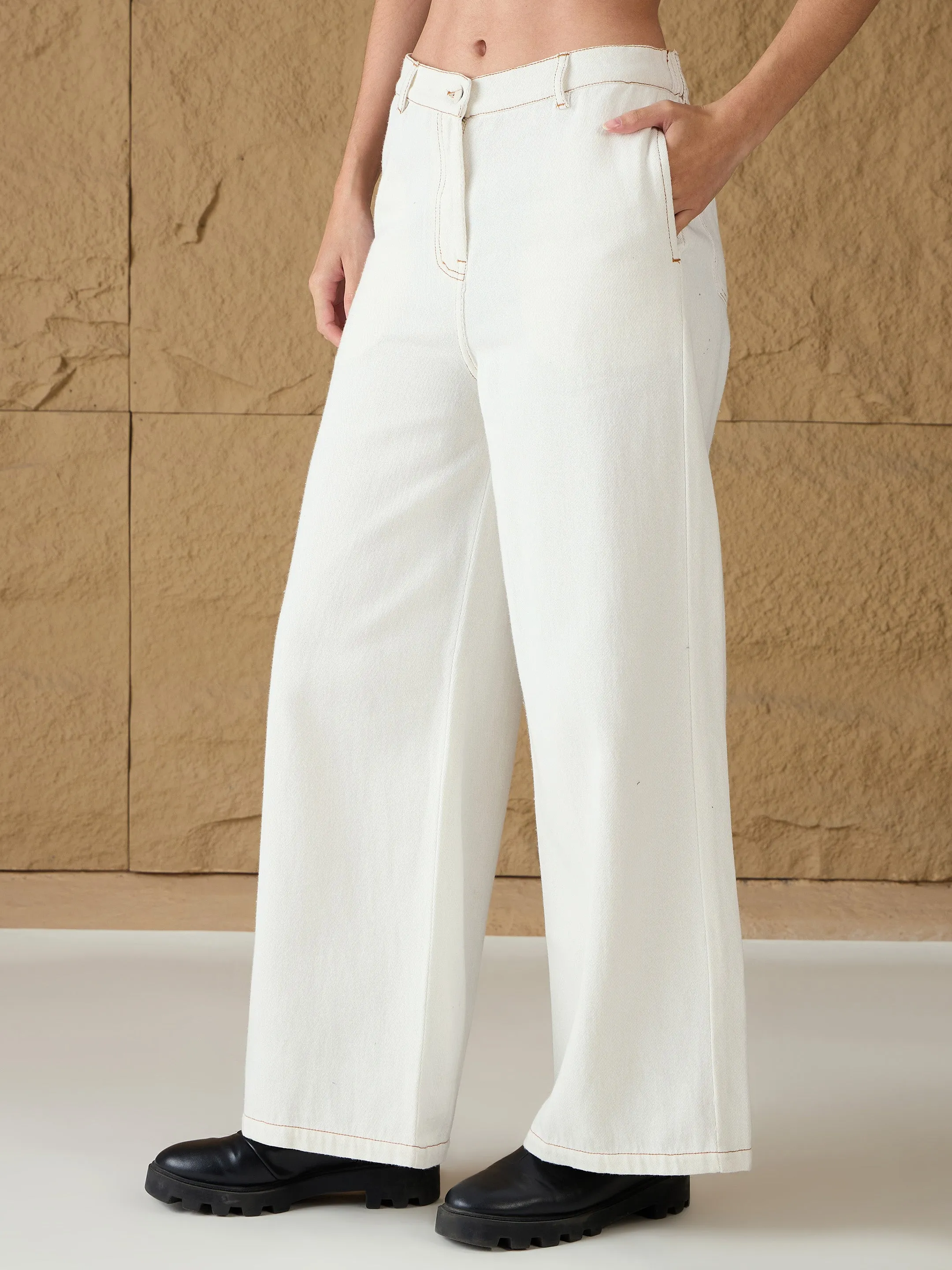 Women White Denim Flared Pants