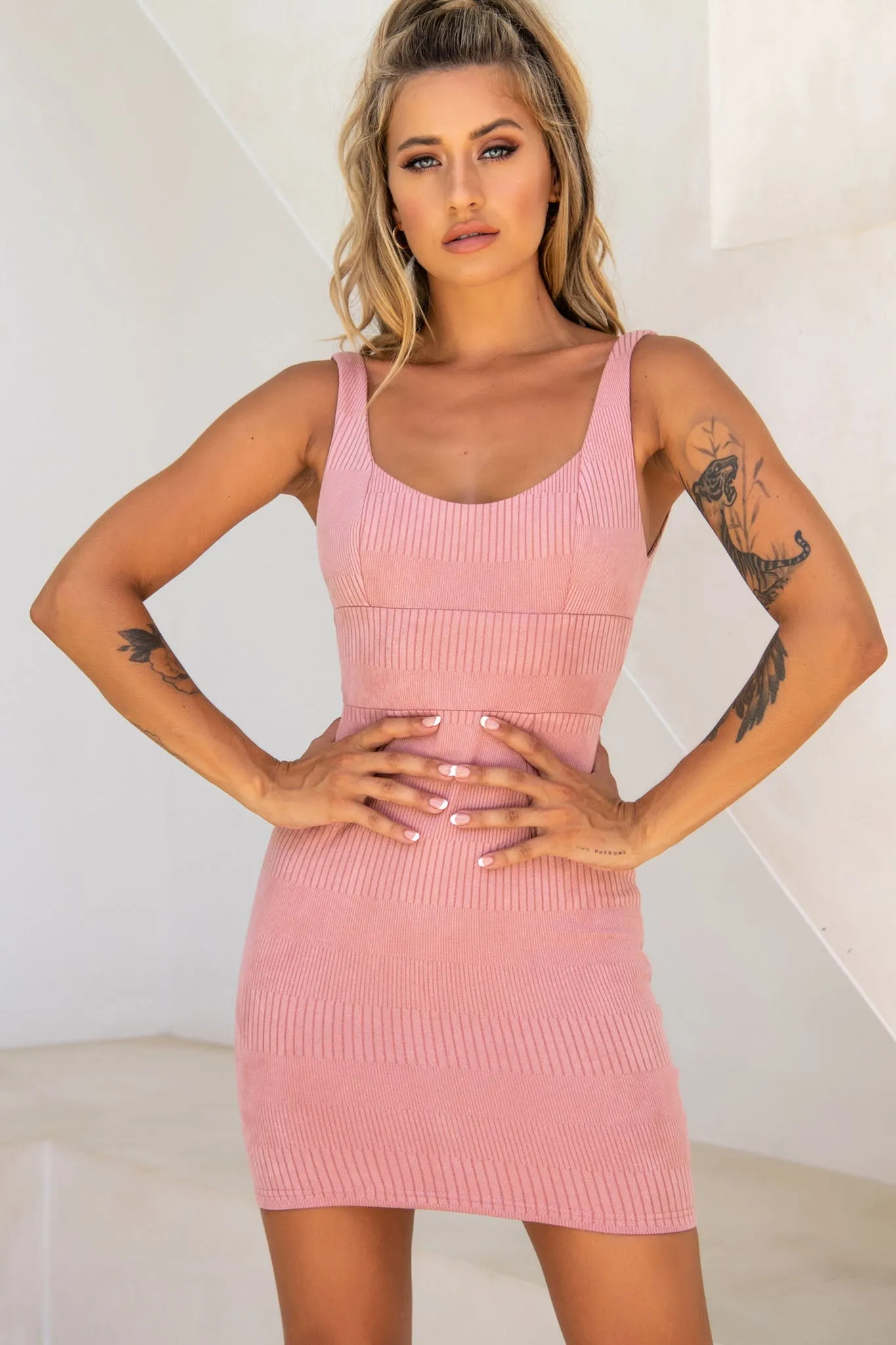 Workin' 9 to 5 Scoop Neck Pencil Dress Rose