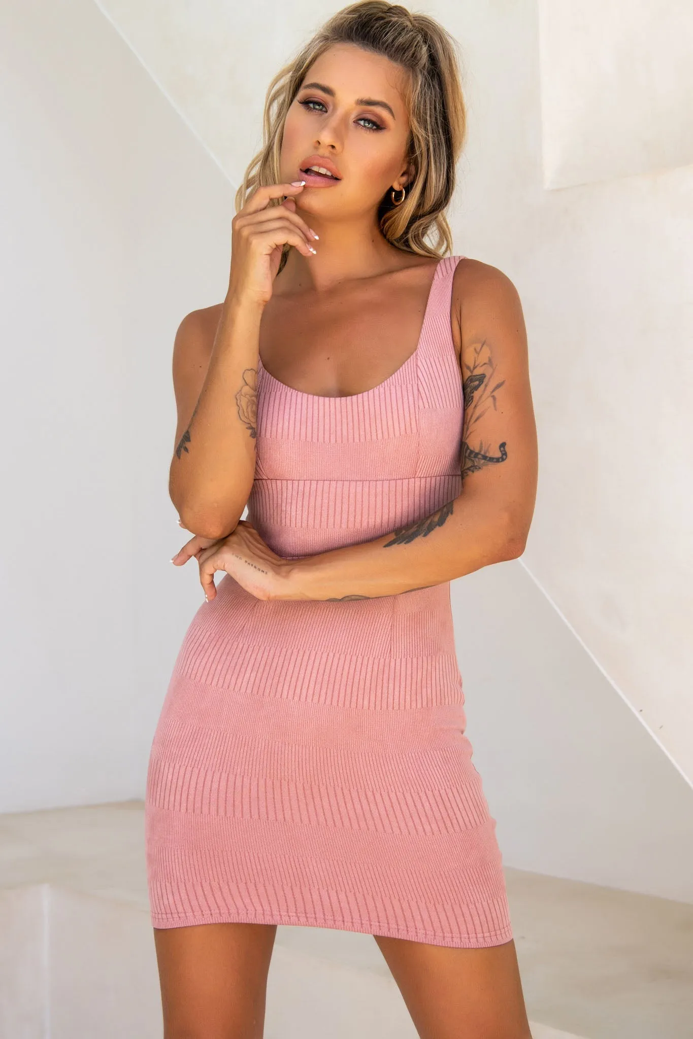 Workin' 9 to 5 Scoop Neck Pencil Dress Rose