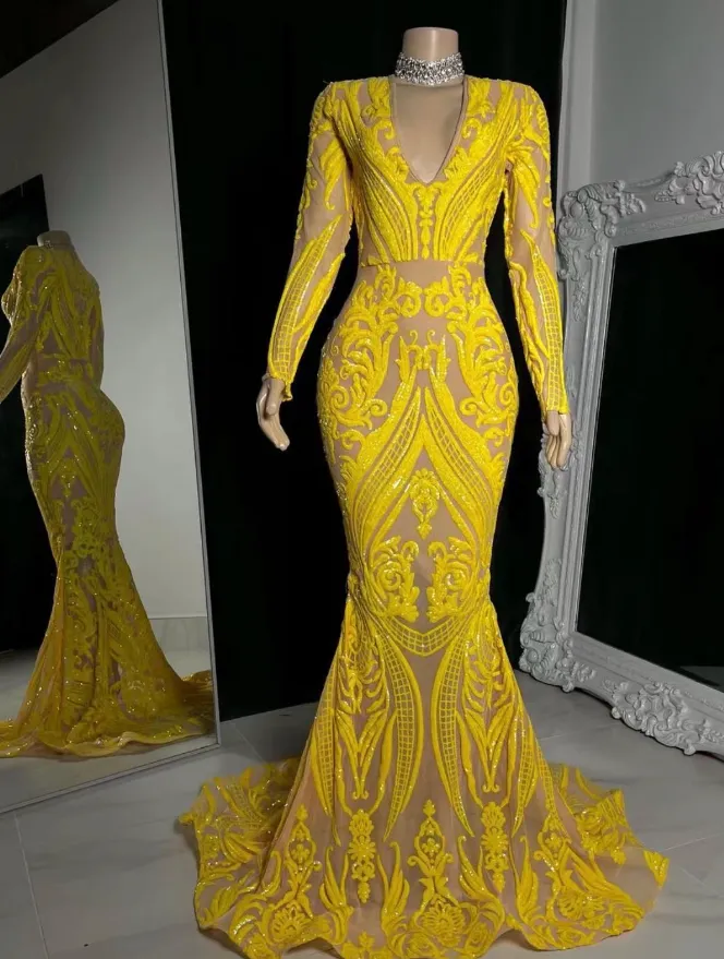 yellow prom dresses, mermaid prom dresses, 2022 prom dresses, long sleeve prom dresses     fg299